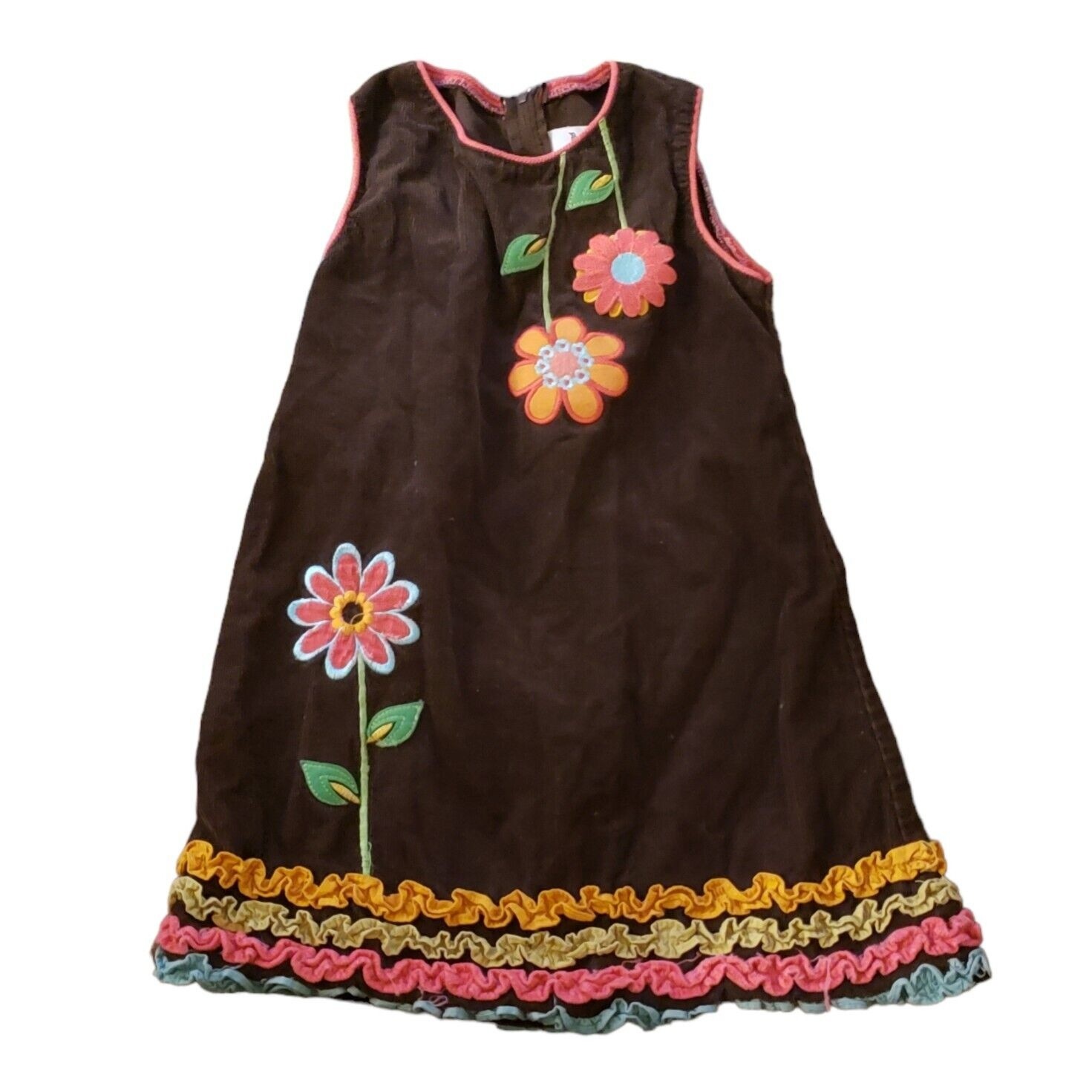 Rare Editions Brown Corduroy Jumper Girl’s Dress Flowers Ruffles Colorful Size 5